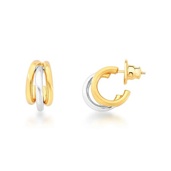 Brinco 3 aros ouro e ródio fosco semijoia