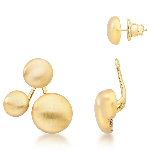 Brinco ear jacket esferas ouro fosco semijoia