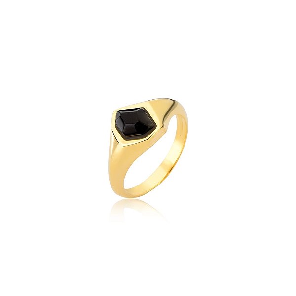 Anel Ayla pedra natural obsidiana negra ouro semijoia
