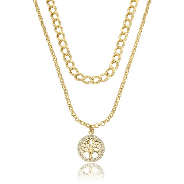 Colar duplo árvore da vida zircônia ouro semijoia