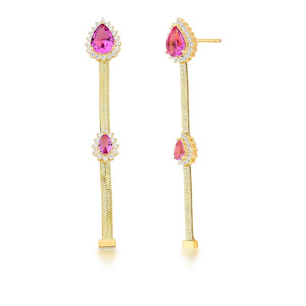 Brinco pêndulo cristal rosa ouro semijoia