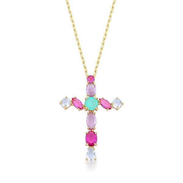 Colar crucifixo cristais coloridos ouro semijoia