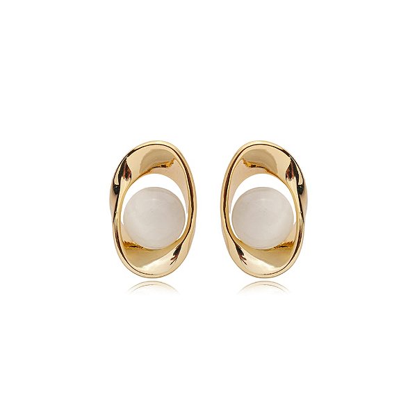Brinco oval olho de gato ouro semijoia E240332