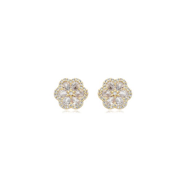 Brinco flor zircônia ouro semijoia 24k05023