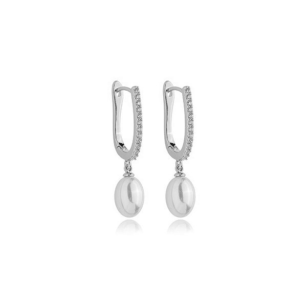 Brinco argolinha pérola zircônia ródio semijoia E11876