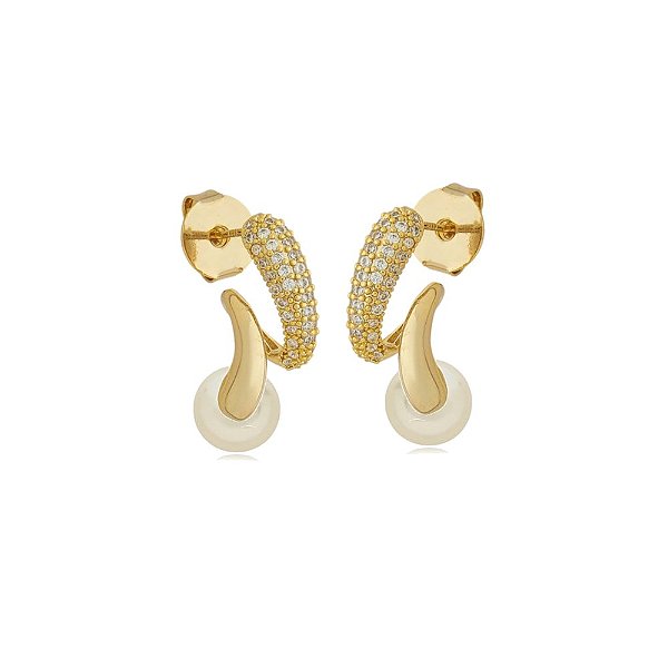 Brinco pérola zircônia ouro semijoia E11757