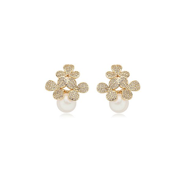 Brinco flores pérola zircônia ouro semijoia E11753