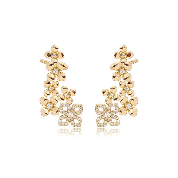 Brinco ear cuff flores zircônia ouro semijoia E240545