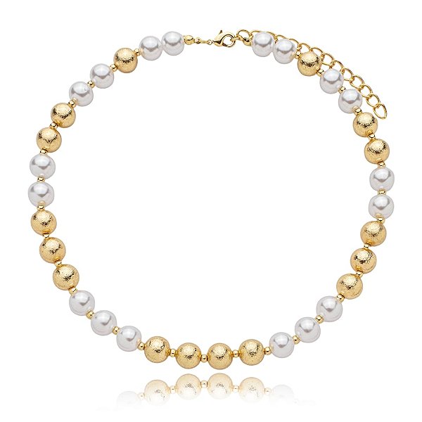 Colar pérolas e esferas ouro semijoia 4068