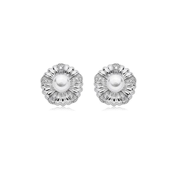 Brinco flor pérola zircônia ródio semijoia 20340