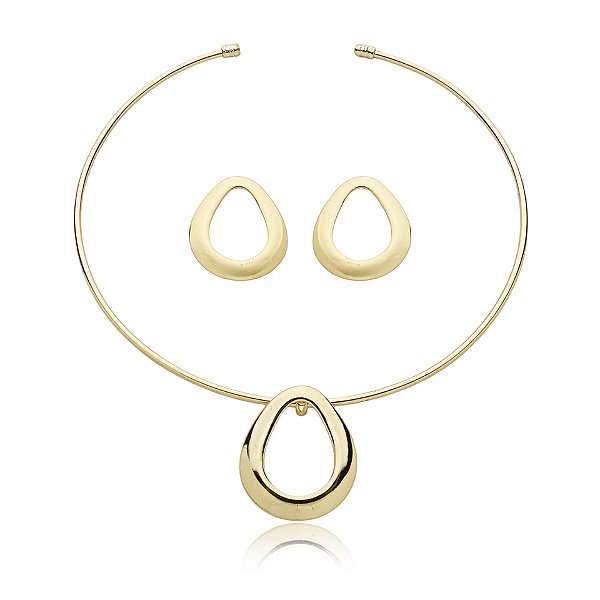 Colar e brinco gota vazada ouro semijoia 689