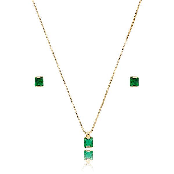 Colar e brinco ponto de luz zircônia verde ouro semijoia