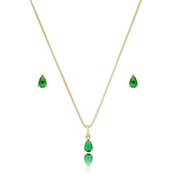 Colar e brinco gota zircônia verde ouro semijoia
