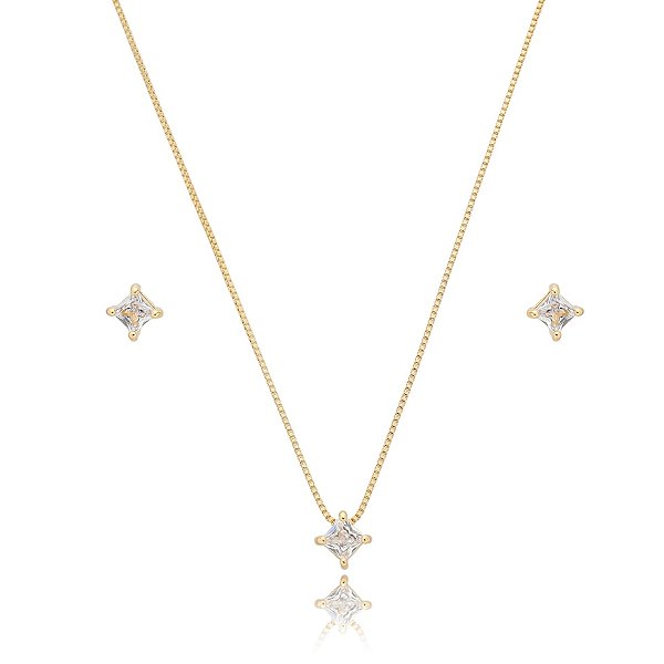 Colar e brinco ponto de luz quadrado zircônia ouro semijoia