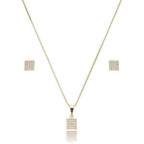 Colar e brinco quadrado zircônia ouro semijoia
