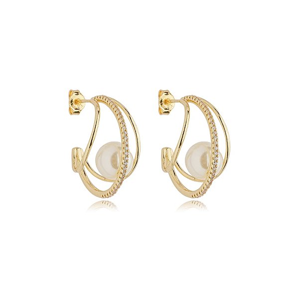 Brinco argola tripla pérola zircônia ouro semijoia
