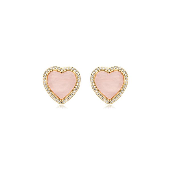 Brinco coração madrepérola rosa zircônia ouro semijoia