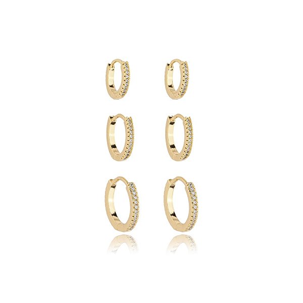 Kit 3 brincos argolinhas zircônia ouro semijoia