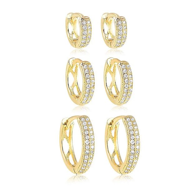 Kit 3 brincos argolinhas zircônia ouro semijoia