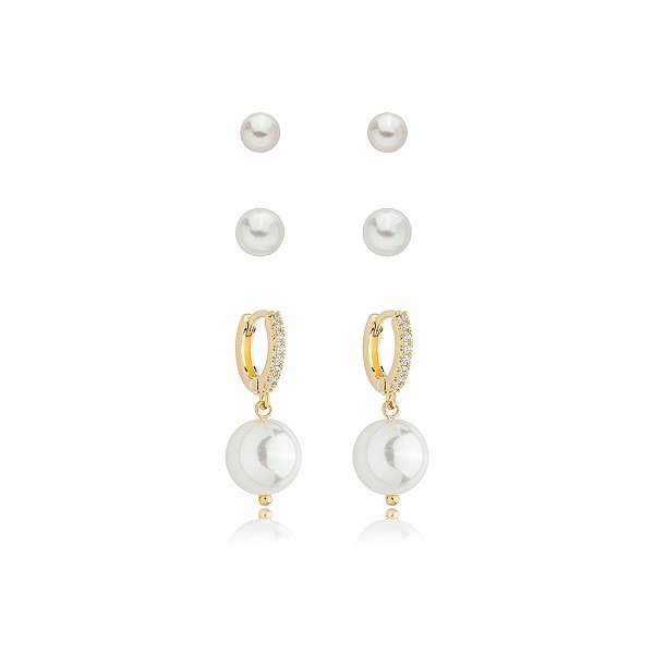 Kit 3 brincos argolinha pérolas zircônia ouro semijoia