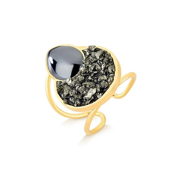 Anel ajustável pedra natural hematita e pirita ouro semijoia