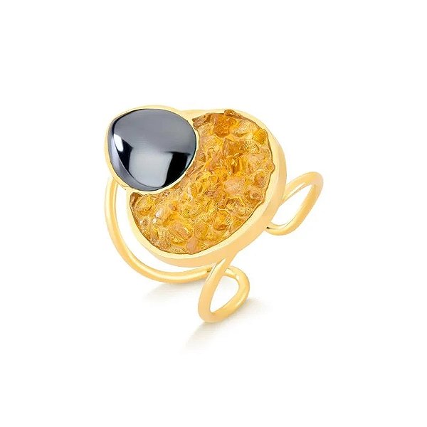 Anel ajustável pedra natural hematita e citrino ouro semijoia
