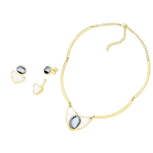 Colar e brinco pedra natural hematita e selenita ouro semijoia