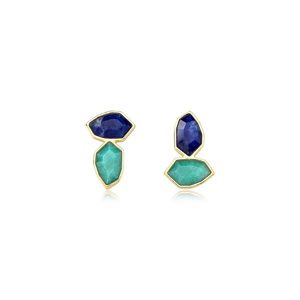 Brinco Ayla cascata quartzo verde turquesa e sodalita ouro semijoia