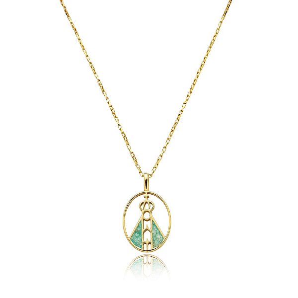 Colar Nossa Senhora Aparecida amazonita verde ouro semijoia