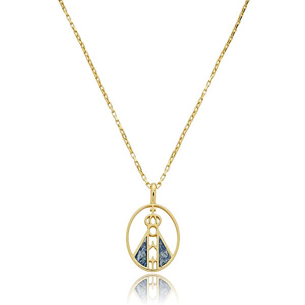Colar Nossa Senhora Aparecida cianita azul ouro semijoia