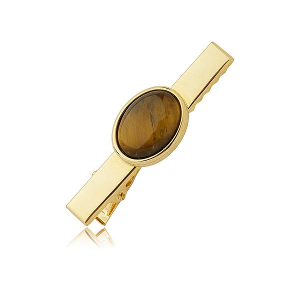 Presilha bico de pato pedra natural olho de tigre oval ouro semijoia