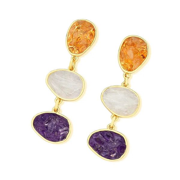 Brinco pedras naturais citrino selenita e ametista ouro semijoia