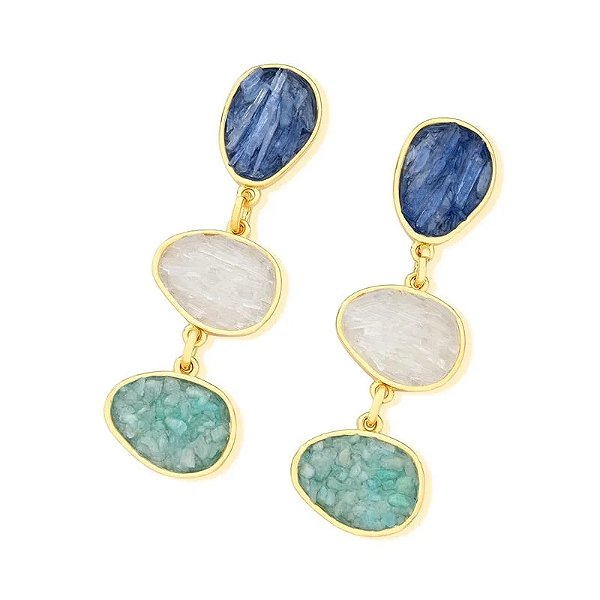 Brinco pedras naturais cianita azul selenita e amazonita verde ouro semijoia