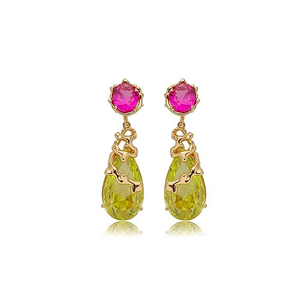 Brinco Elaine Palma gota zircônia pink e amarelo ouro semijoia