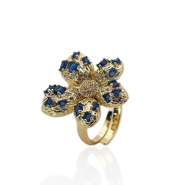 Anel ajustável Elaine Palma flor zircônia azul ouro semijoia