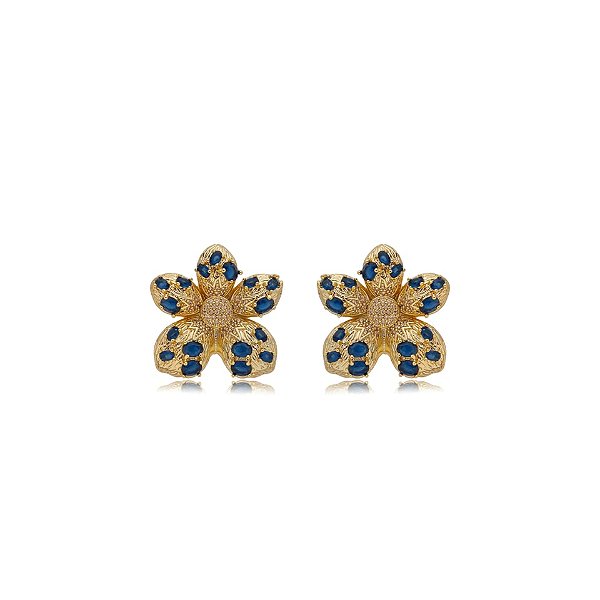 Brinco Elaine Palma flor zircônia azul ouro semijoia