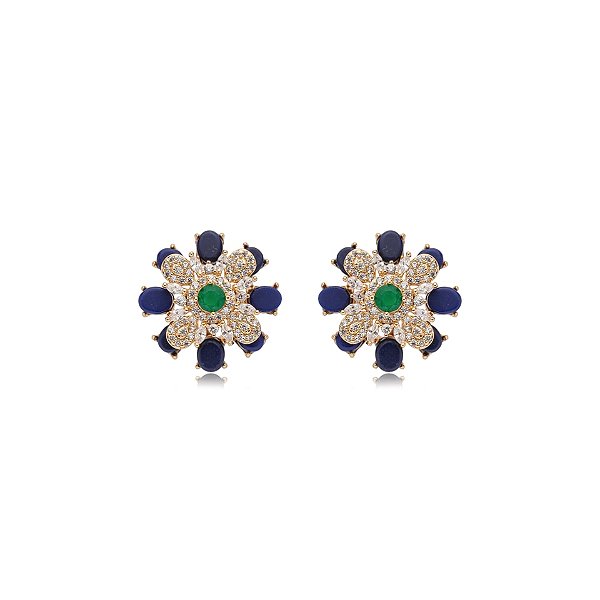 Brinco Elaine Palma flor cristal azul e verde ouro semijoia