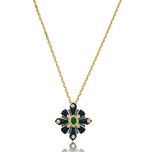 Colar Elaine Palma flor cristal azul e verde ouro semijoia