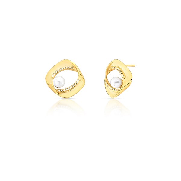 Brinco pérola shell zircônia ouro semijoia