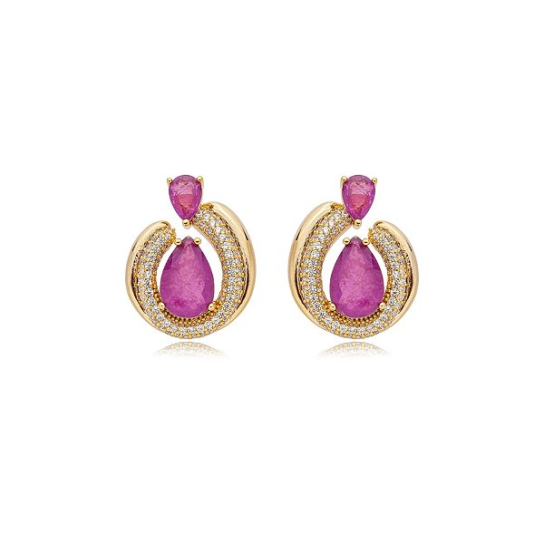 Brinco gota cristal fusion roxo ouro semijoia E11535