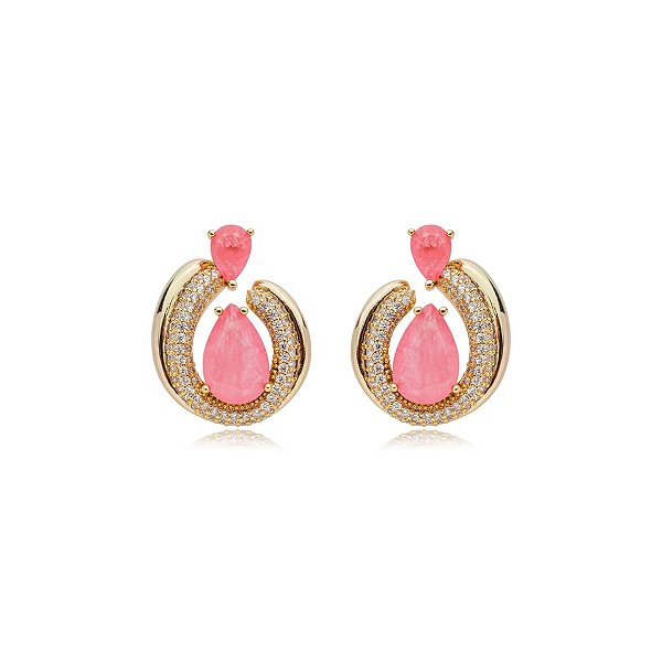 Brinco gota cristal fusion rosa ouro semijoia E11535