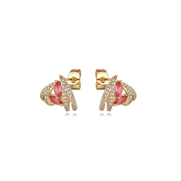 Brinco garrinhas zircônia pink ouro semijoia E11534