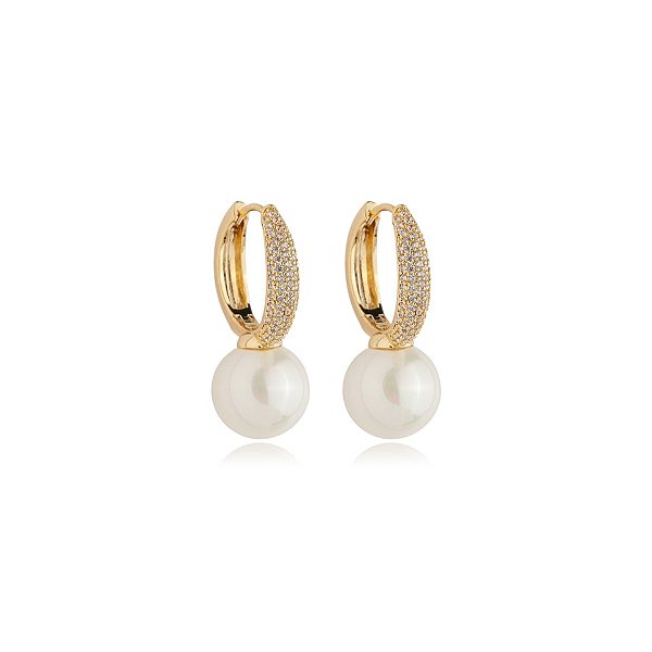 Brinco argolinha pérola zircônia ouro semijoia E240603