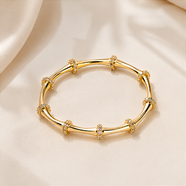 Bracelete bambu zircônia ouro semijoia PU 1179