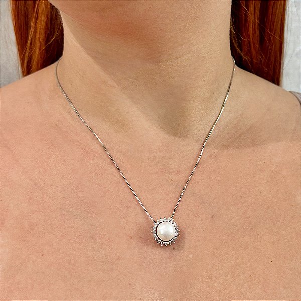Colar pérola zircônia ródio semijoia XL 2462
