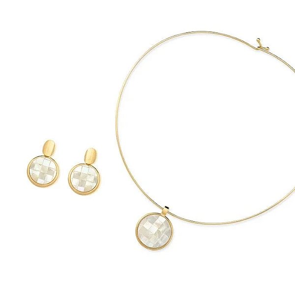 Colar e brinco madrepérola mosaico ouro semijoia