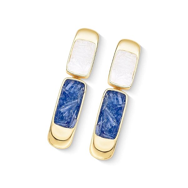 Brinco pedras naturais selenita e cianita azul ouro semijoia