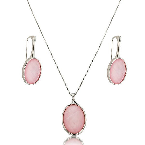 Colar e brinco oval pedra natural madrepérola rosa ródio semijoia