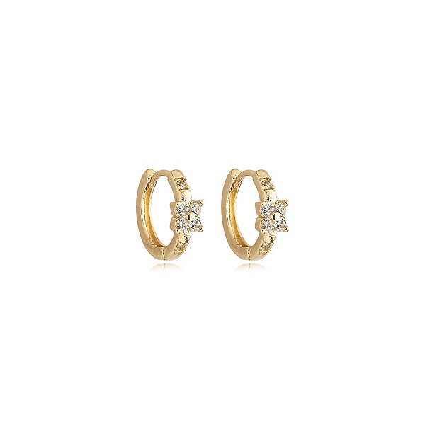 Brinco argolinha flor zircônia ouro semijoia 24k15030