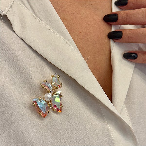 Broche borboletas cristal furta-cor com pérola